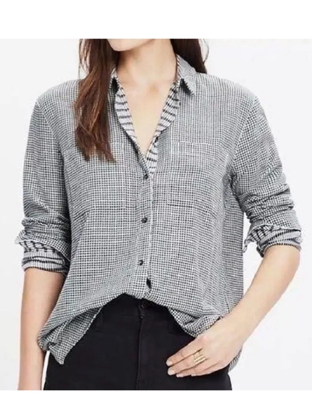 Madewell women’s long sleeve button down shirt in mini gingham pattern size S